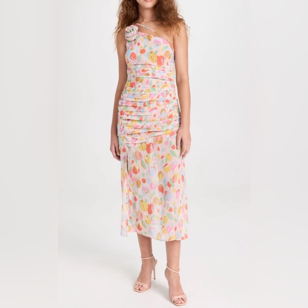 NWT For Love & Lemons Pink Desmona One Shoulder Floral Midi Dress Small